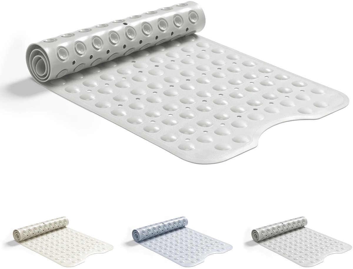 Badmat 101x40cm Badmat Douchemat Machine Wasbaar Bad Mat met Zuignappen Afvoergaten Rubberen Badmatten Antislip Anti Mould Extra Lange Badmat Grijs