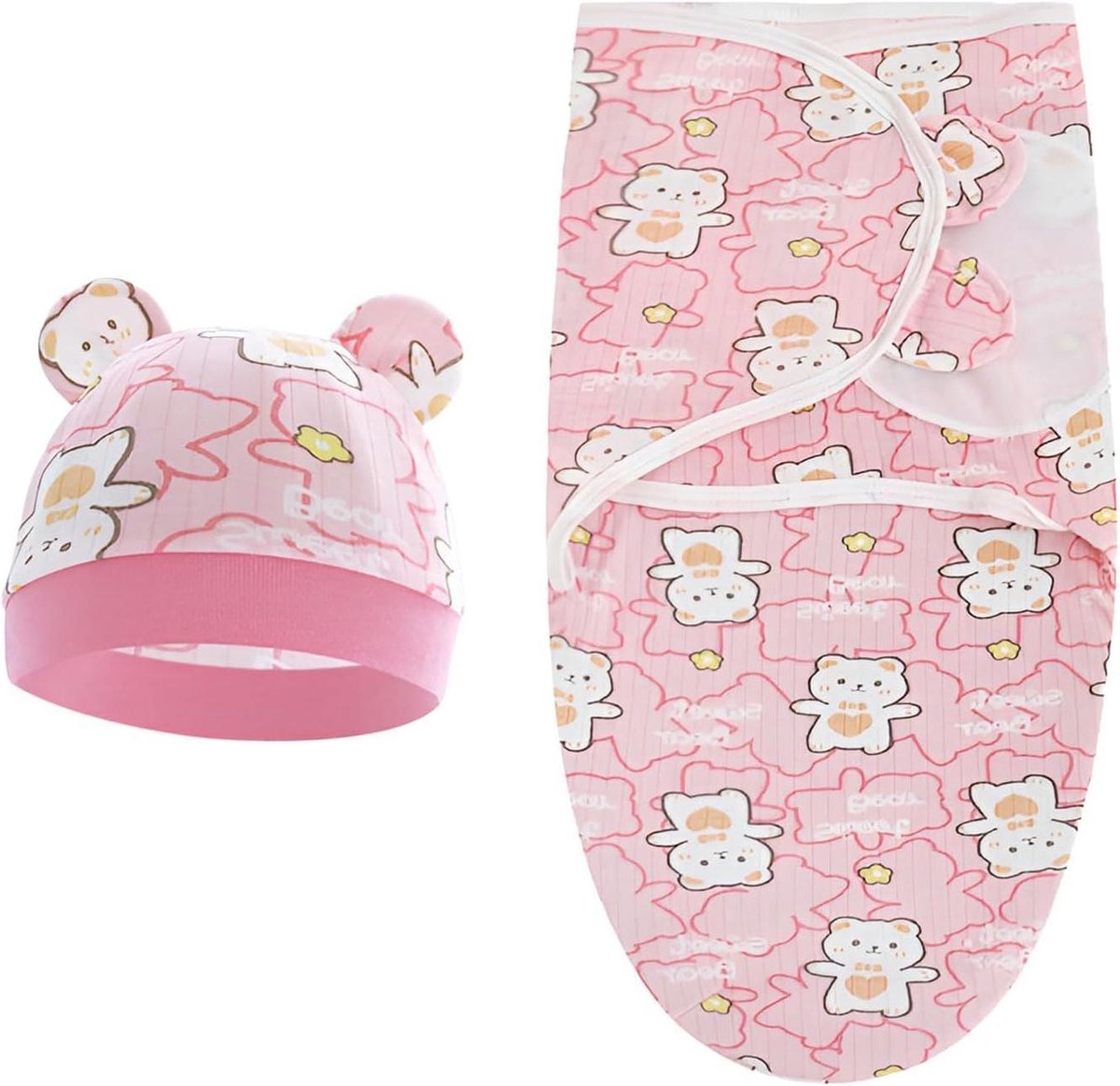Baby Swaddle - Babywikkel Doek - Rustige Slaap - Verstelbare Pasvorm - 0-6 Maanden - Roze Beer