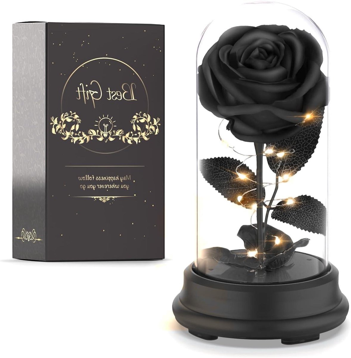 Roos in Koepel - Eeuwige Bloem - Romantisch Cadeau - Met Kleurrijk Licht - 358 g - Zwart