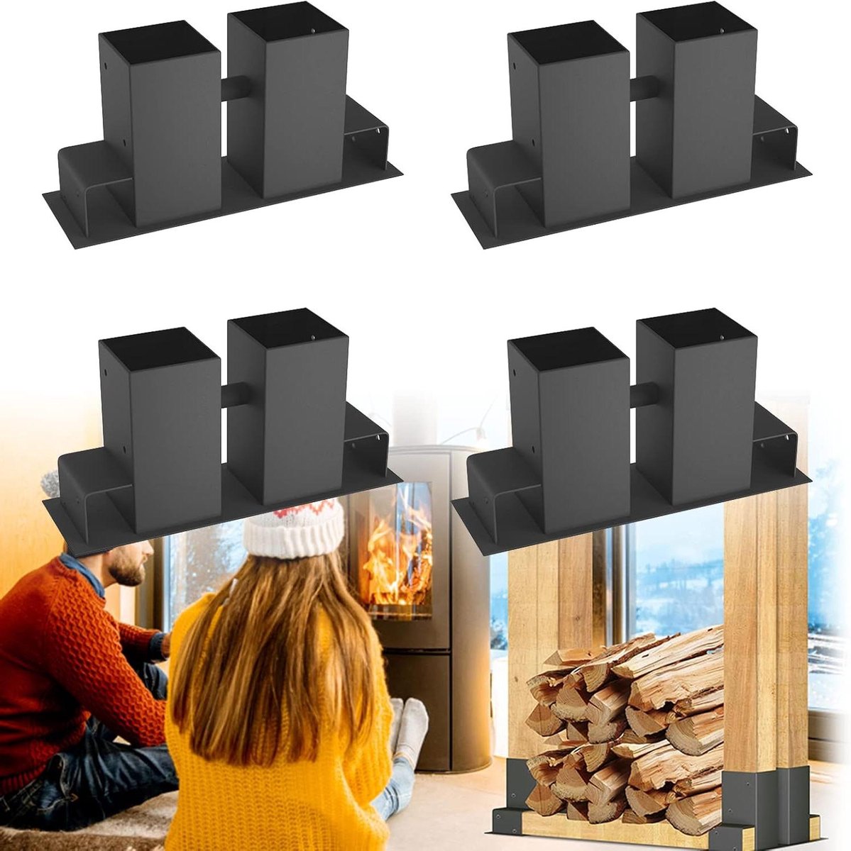 Houtstapelhulp Set - Brandhoutrek Frame - Haardhout Opslaan - Stabiele Constructie - 30 x 10 x 15 cm - Zwart