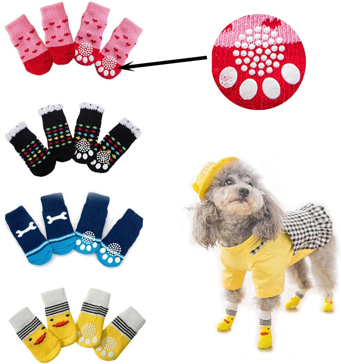 Set van 16 hondensokken - Antislip - Voor honden en katten - Voor binnen en buiten - Maat M