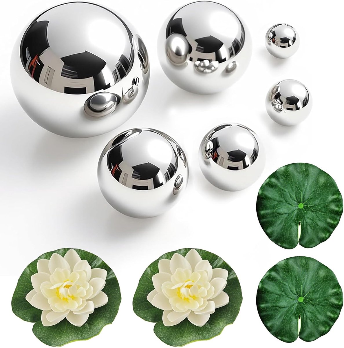 Set van 6 decoratieve ballen, zwemballen, tuinbol, zilver, roestvrij staal, met 4 drijvende lotusbladeren, drijvende bloemen, voor mini-vijver, tuinvijver, vijverballen