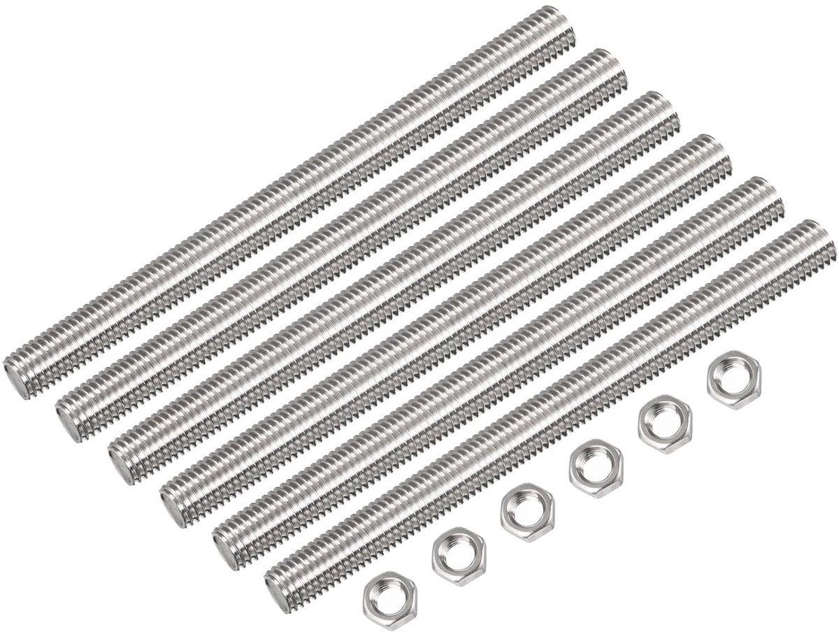 6 stuks M10 x 200mm volledige draadstang 304 roestvrij staal draadstangen rechtsdraad draadstaven draadstiften staafbouten met 6 stuks zeskantmoeren 1,5mm draadafstand