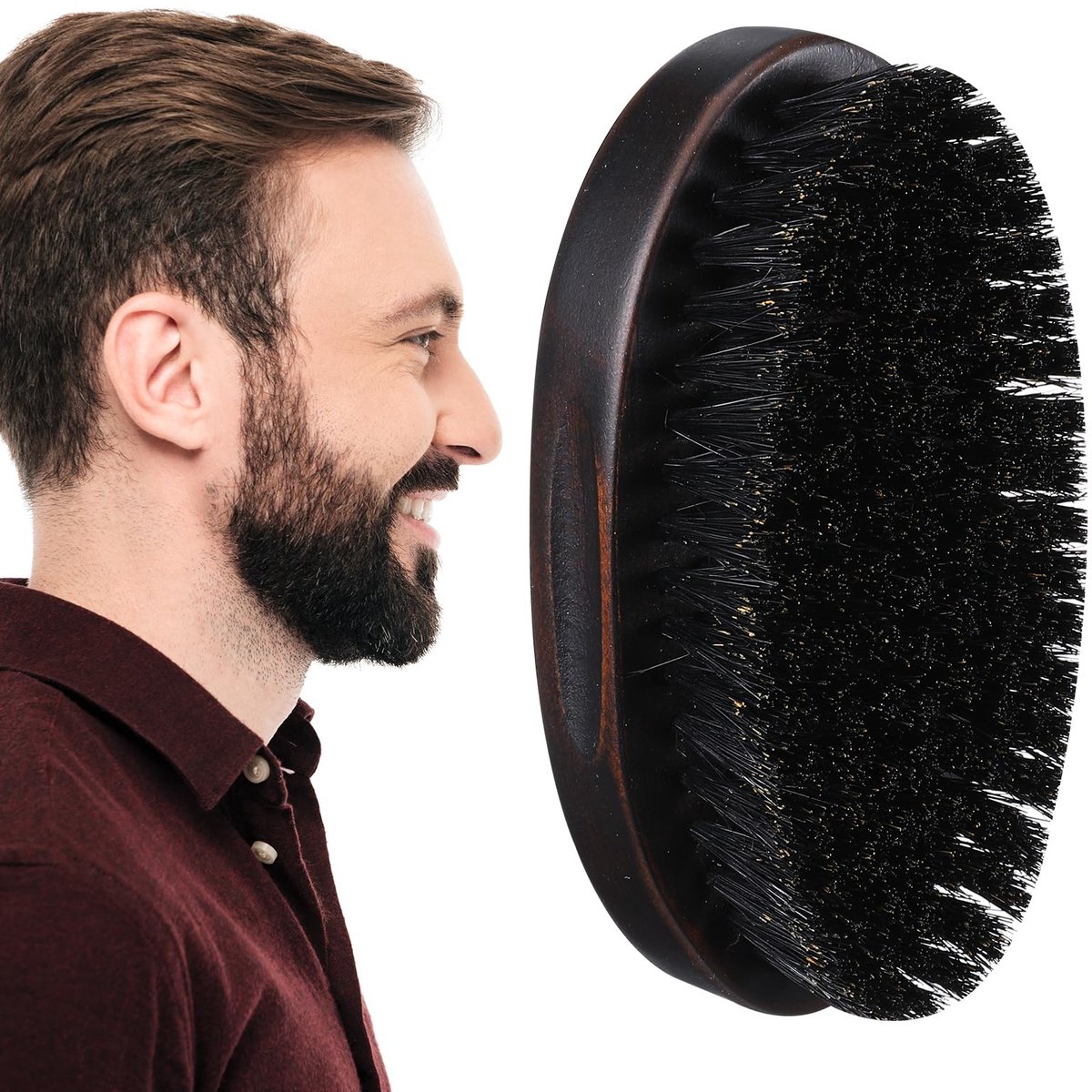 Baardborstel van wildzwijnharen voor mannen, antislip, zwart notenhout, baardkam voor mannen, draagbare baardborstel voor baardverzorging en styling