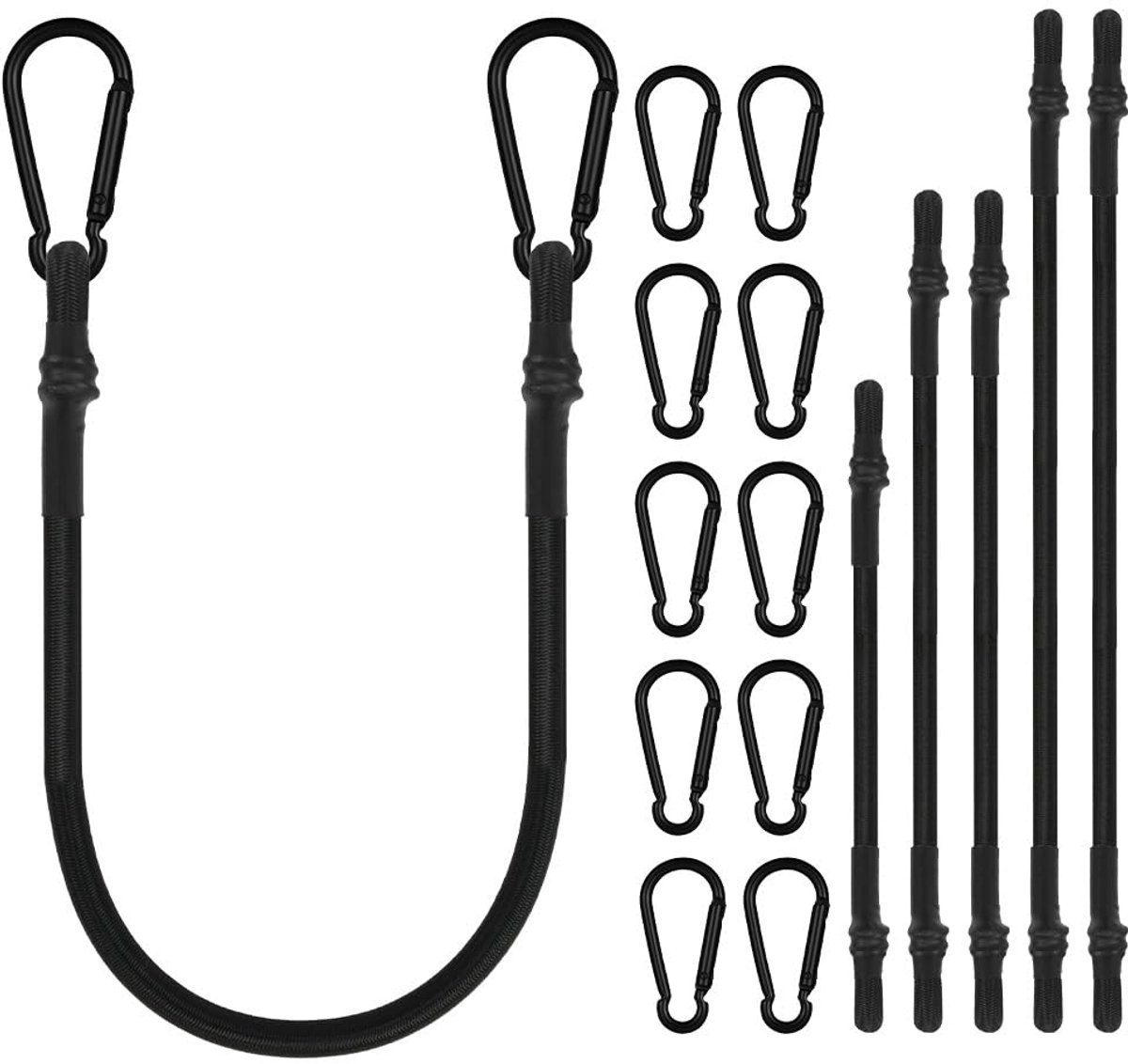 elastische karabiners, 6 stuks, extra lange zwarte elastische banden in verschillende lengtes (30 cm, 60 cm, 80 cm), afneembare, stevige karabiners geschikt voor kampeertenten en tuinluifels.