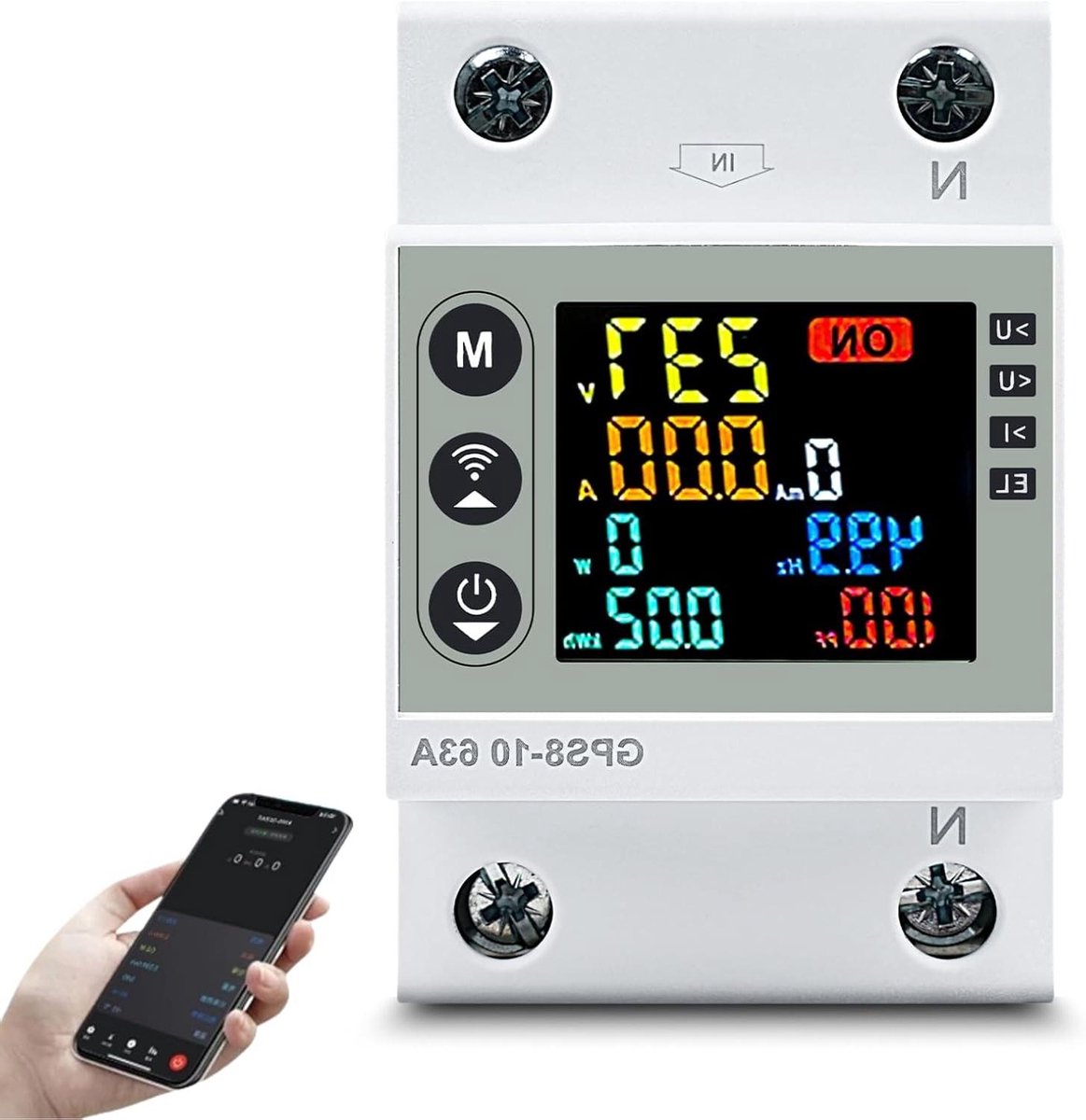 Slimme Energieteller - Stroommeter WiFi - Energie Verbruik Monitoren - 7-in-1 Kleurendisplay - 63 A - Grijs