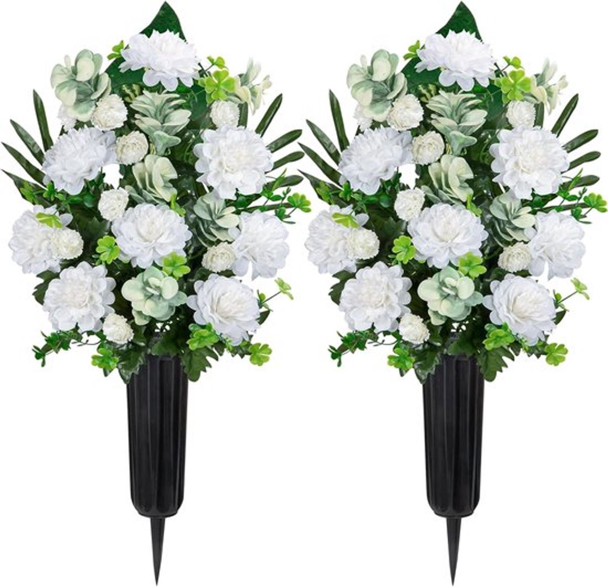 Kunstbloemen met vaas - Set van 2 herdenkingsgrafbloemen boeketten - Chrysant kunstbloemen voor graf en begraafplaats bruiloftstuin thuisdecoratie (wit)