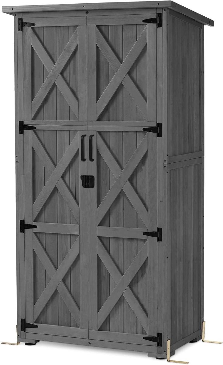 Tuinkast Hout - Buitenberging Opslagkast - Tuin Opbergen - Weerbestendig Schuindak - 55x90x169cm - Grijs