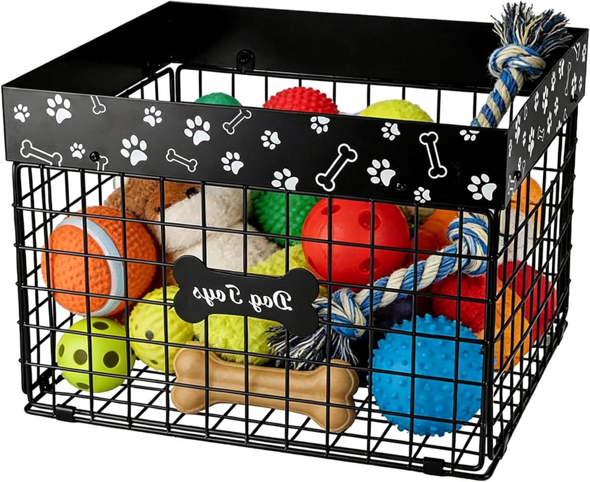 Opbergmand Hondenspeelgoed - Huisdier Organizer - Speelgoed Opbergen - Metalen Stabiele Constructie - 38 x 32 x 25 cm - Zwart