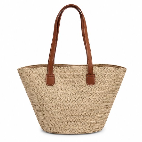 Sac de plage tressé beige avec poignées en similicuir marron.