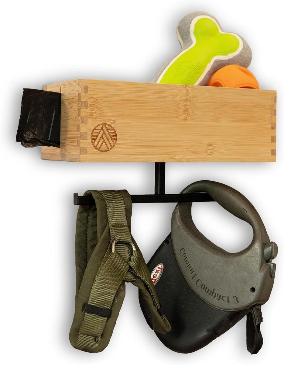 Hondengarderobe met Plank - Hondenstation Lijnen - Hondenbenodigdheden Opbergen - Incl. Poepzakdispenser - 25 x 12 x 9 cm