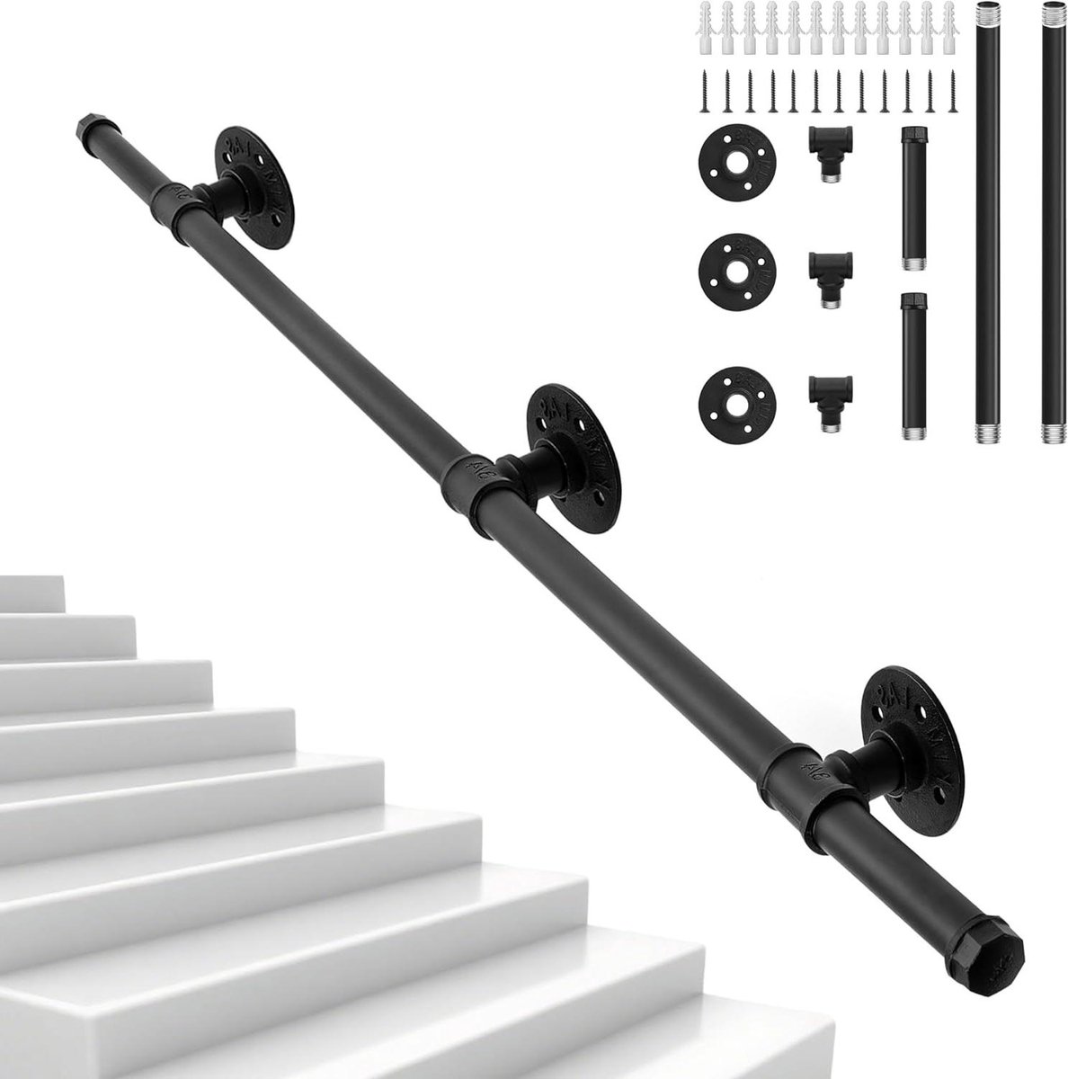Smeedijzeren Leuning - Trapleuning Wandsteun - Veilig Traplopen - Roestwerende Coating - 150 cm - Zwart