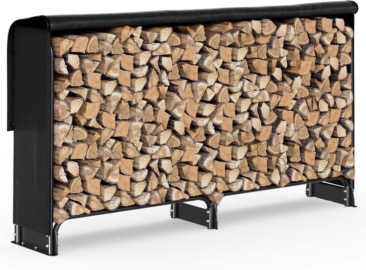 Haardhoutrek Outdoor - Houtopslag Rek - Droog Hout Opslaan - Met Waterdichte Hoes - 200x116x26cm - Zwart
