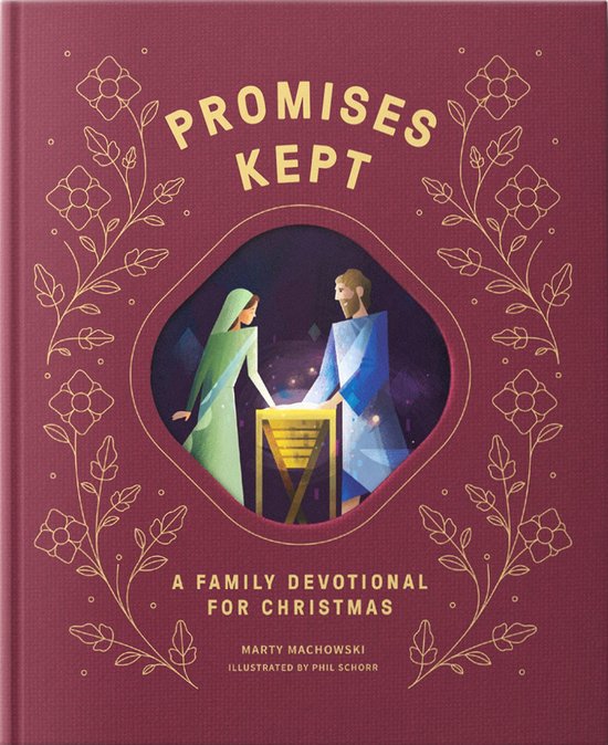 Boek kaft met de titel 'Promises Kept', een illustratie van een man en vrouw in bijbelse kleding bij een lichtgevend object.