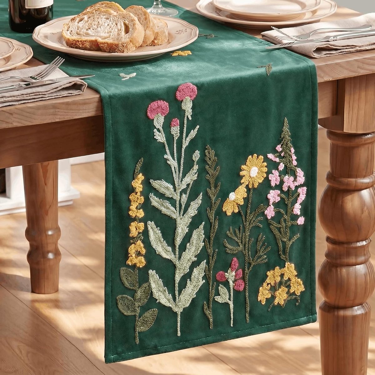 Mode Groen zacht kettingborduurwerk wilde bloemen Kerstmis tafelloper 33 x 183 cm, huis woonkamer tafel decoratie vakantie party decor