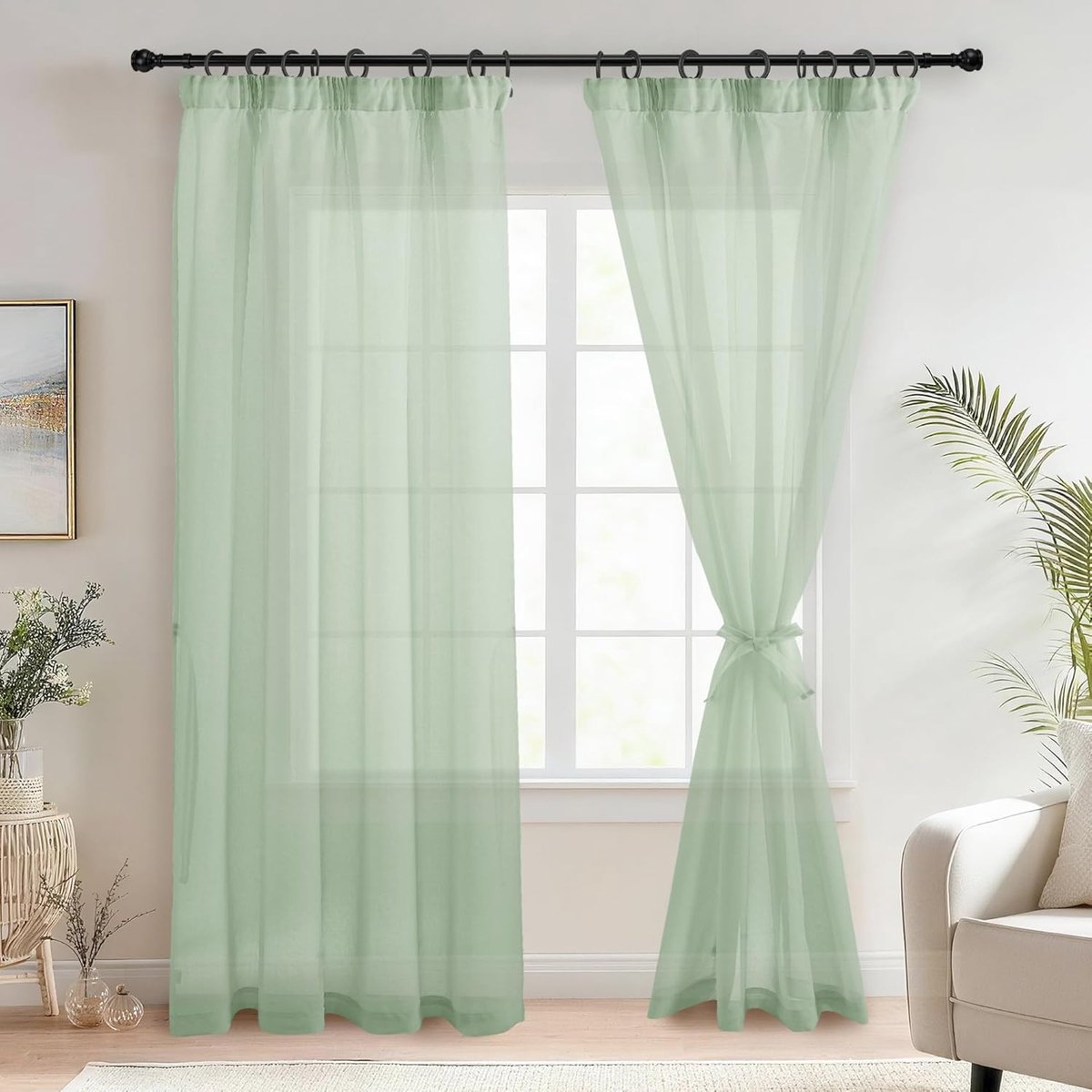 Voile-gordijnen met plooiband, linnenlook, 2 stuks, halftransparante gordijnen voor woonkamer, transparante gordijnen, groen, 225 x 140 cm (hoogte x breedte)
