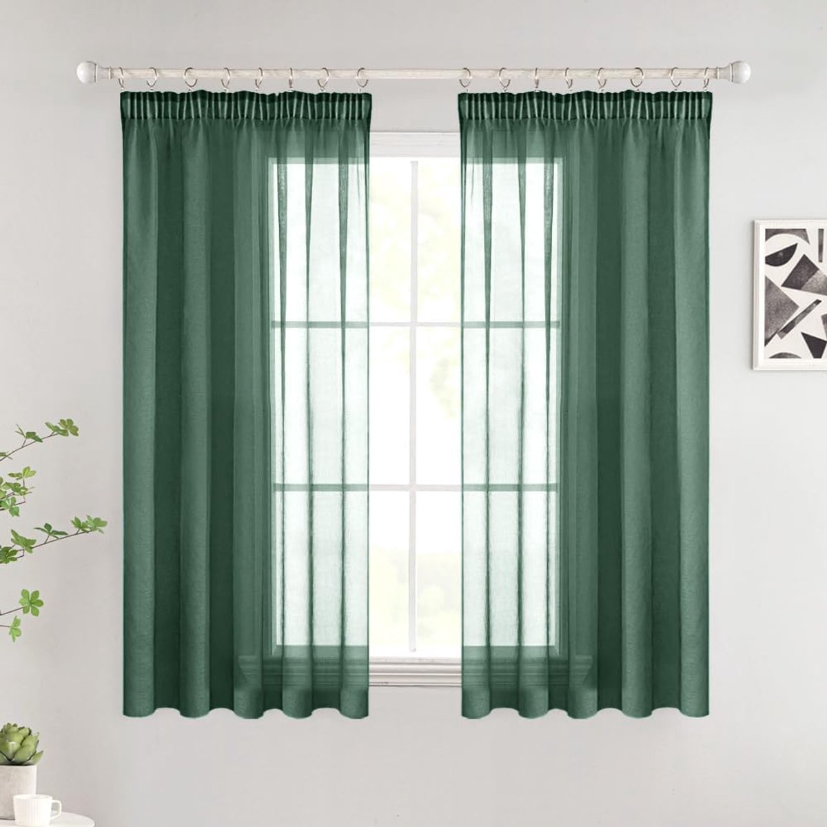 korte transparante gordijnen, transparante draperieën met plooiband, moderne decoratieve gordijnen voor slaapkamer, woonkamer, huis, set van 2, 140x145cm, donkergroen