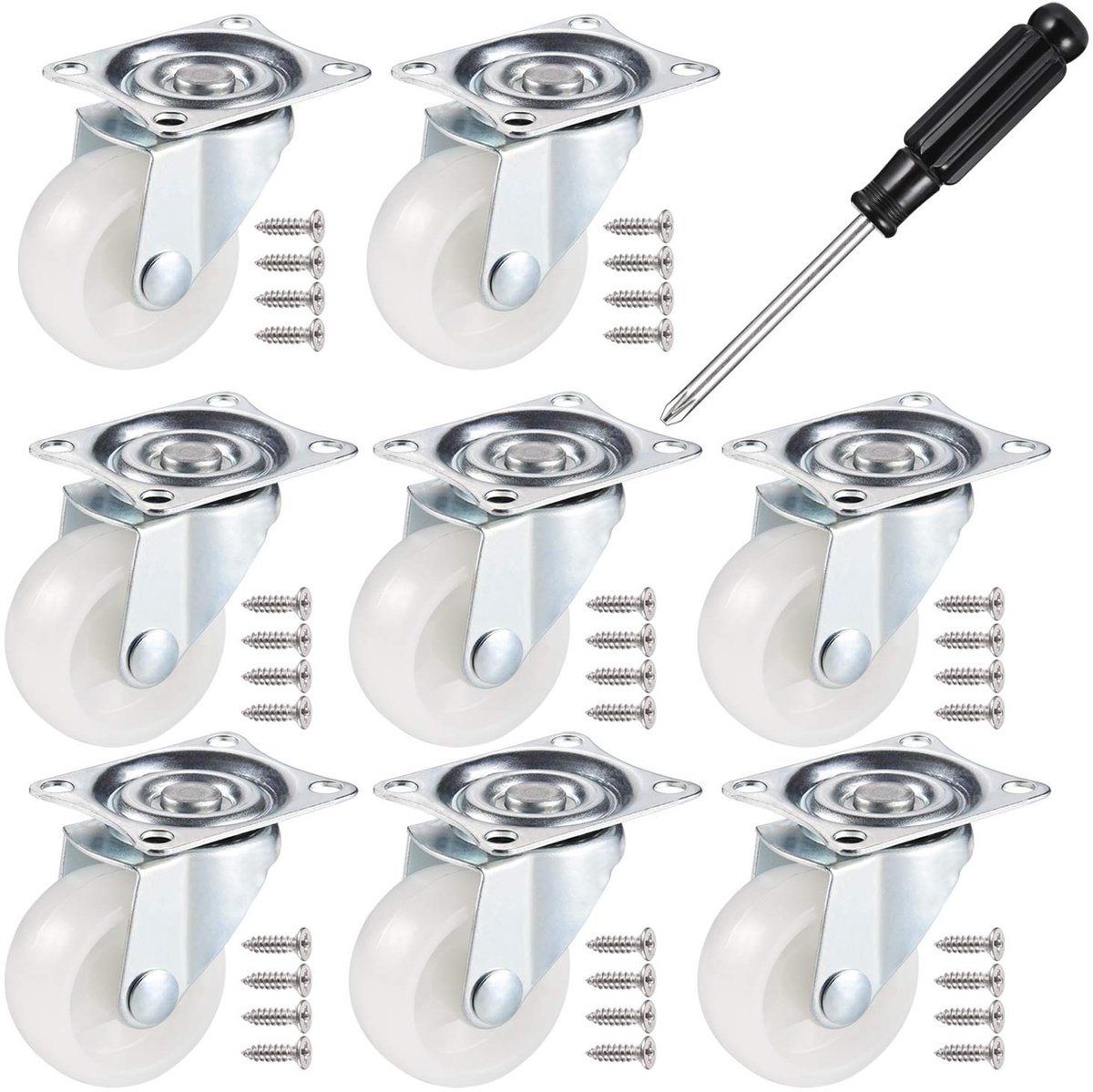 Zwenkwielen met schroevendraaier, PU rubberen zware zwenkwielen voor trolley meubels, dubbele kogellagers (hoogte 50 mm/2 inch)