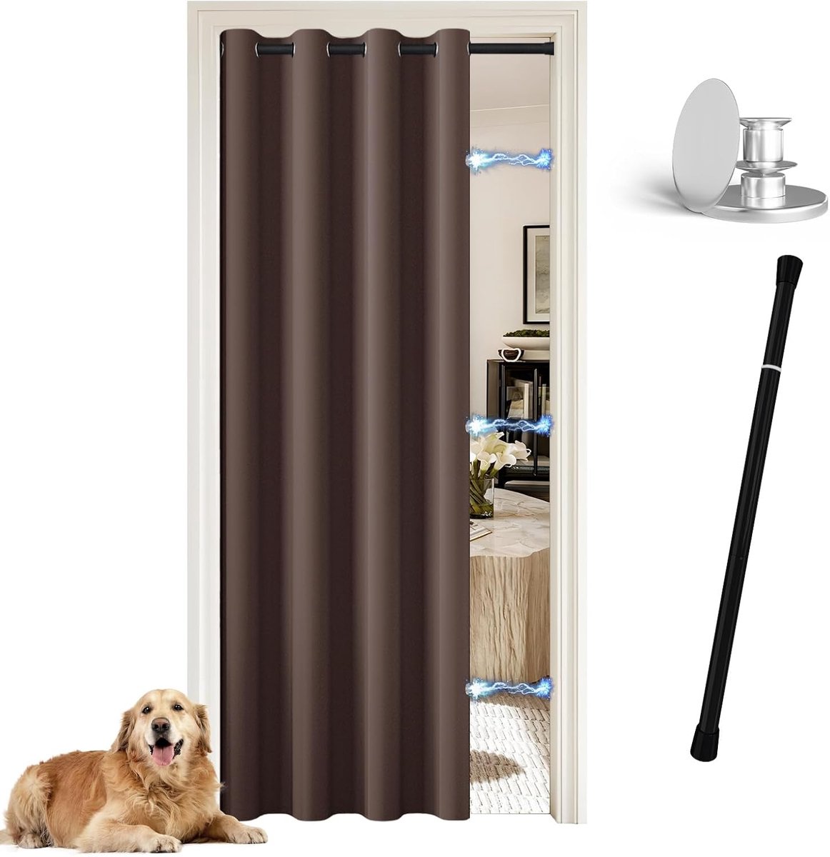 Deurgordijnen voor privacy in deuropeningen, enkel gordijnpaneel met roede en magnetische sluiting voor kamerverdeler, tijdelijk kastgordijn voor slaapkamer, kastdeur, bruin