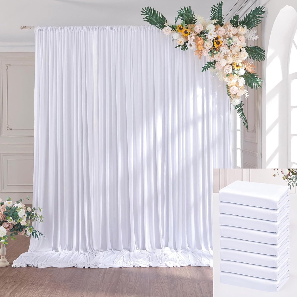 12 × 3 m wit bruiloft achtergrond gordijn, 8 platen 1,5 x 3 m plooivrij zijde polyester wit fotowand achtergrond gordijnen decoratie verjaardag party babyshower fotografie achtergronden thuis