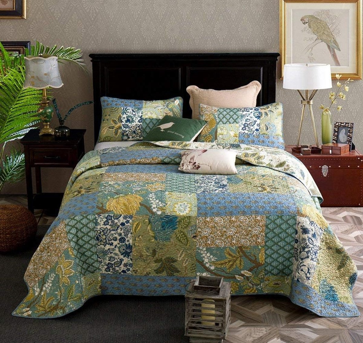 Patchwork sprei King Size 3-delig 100% katoen retro chique bloemen bedrukt gewatteerde spreien sprei 240x270 cm met 2 kussenslopen
