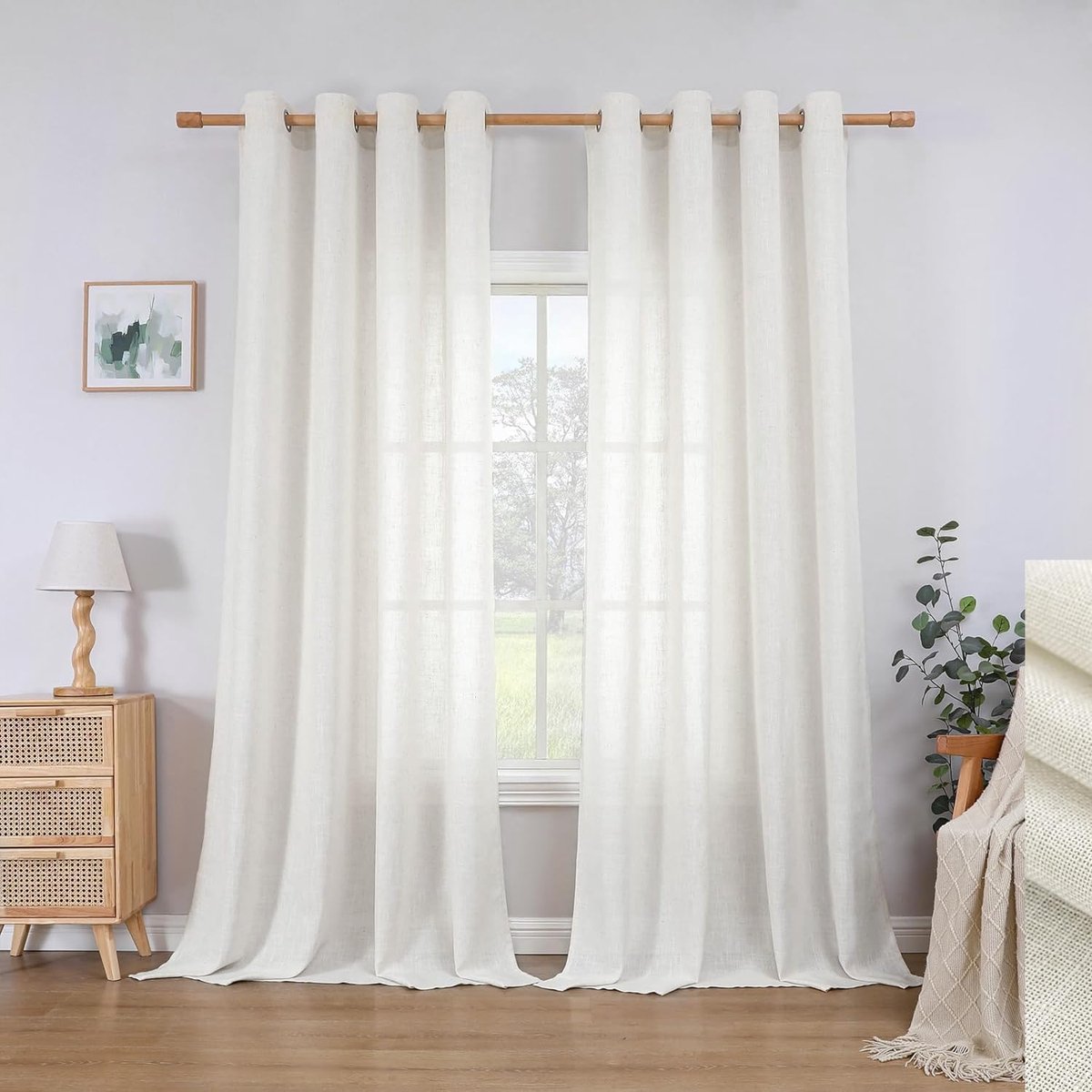 Linnen gordijnen met oogjes, halftransparant linnen gordijn, voile, raamgordijn, decoratie decoratiegordijn voor slaapkamer, kinderkamer, woonkamer, H 260 x B 140 cm, set van 2, gebroken wit