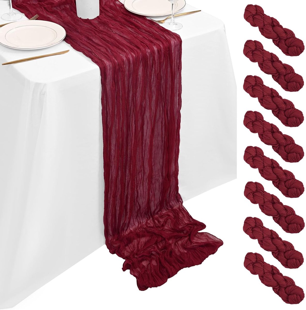 Tafelloper van bordeauxrode kaasdoek, 8 stuks, 35 cm, bordeauxrode kaasdoek, rustieke gaasstof, pure boho bruiloft tafeldecoratie voor bruiloftsreceptie, bruidsdouche babyshower (90 x 300 cm)