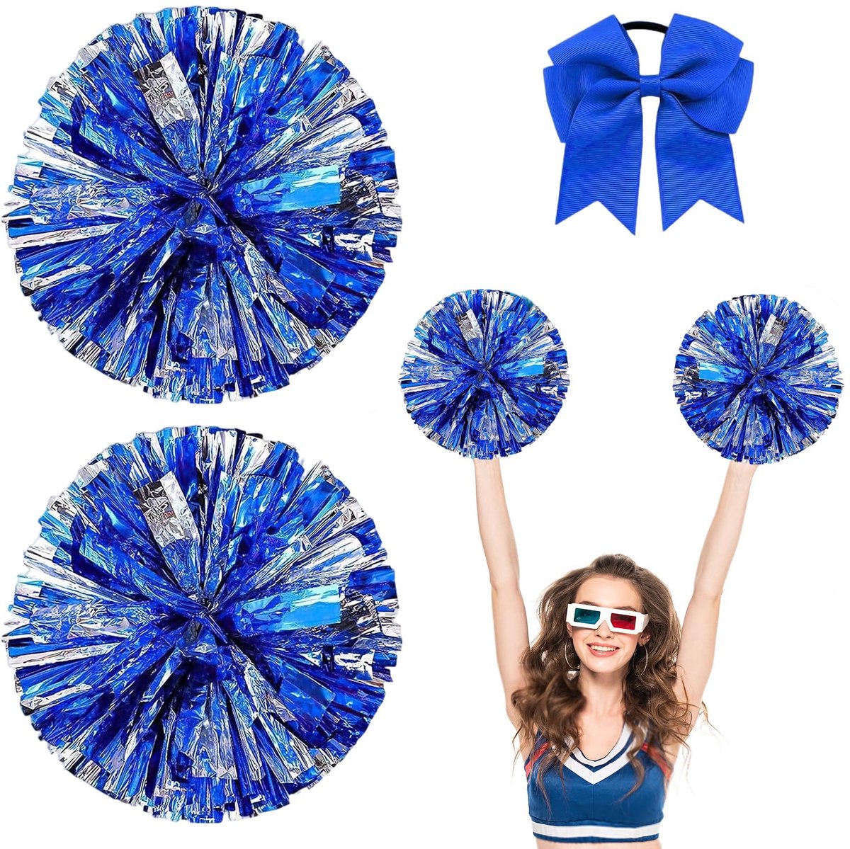 3 stuks pompon cheerleader, cheerleader met dubbele gatenring, inclusief 1 haarband met strik, blauw gemengd met zilveren cheerleading poms voor fans, dansen, sport, voetbal