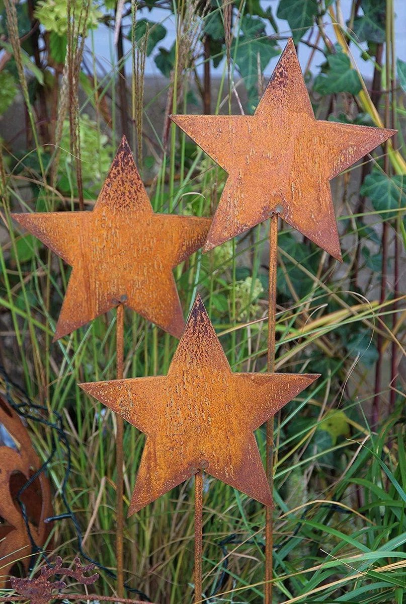 Tuinstekers Sterren - Roest Decoratie - Tuin Aankleden - Handgemaakt Uniek Patina - 3 x 21 cm - Roestkleur