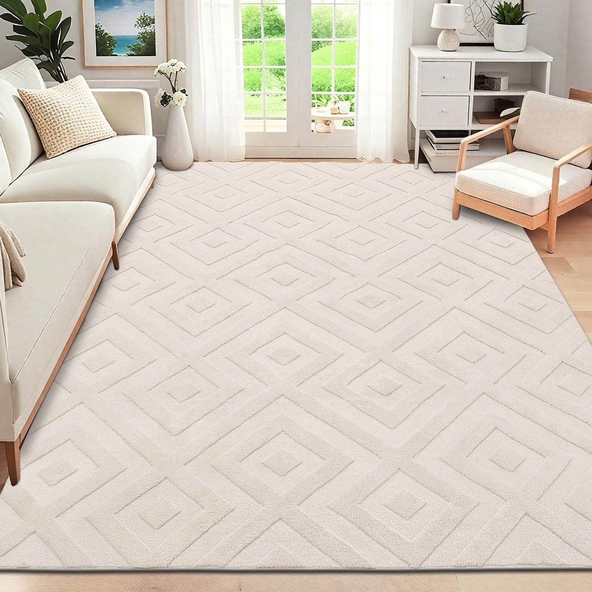 Wasbaar tapijt voor woonkamer 120 x 160 cm, zacht laagpolig tapijt, modern vloerkleed, antislip geometrisch tapijt voor slaapkamer, eetkamer, thuiskantoor, beige