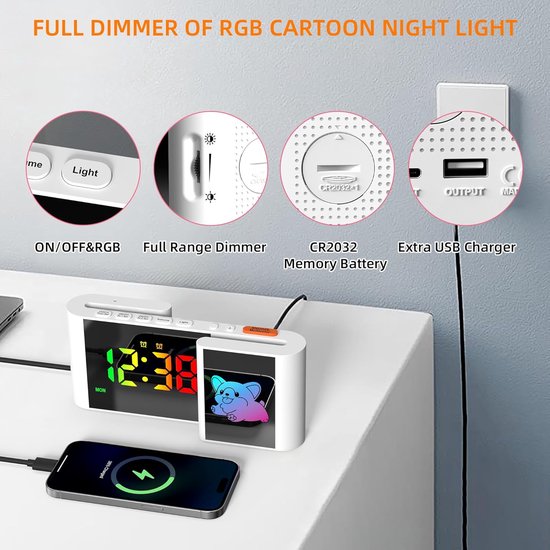 Digitale Kinderwekker - Nachtlampje Wekker - Kinderkamer Decoratie - RGB Display Sluimerfunctie - 18 x 55 x 8 cm - Wit — afbeelding 5