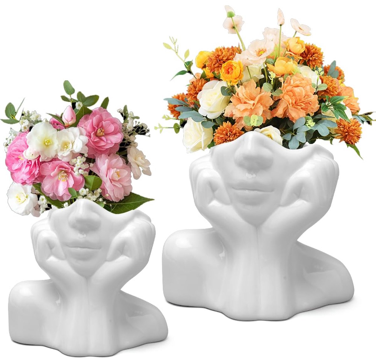 Vaas esthetische keramische bloemenvaas set van 2 voor decoratie slaapkamer voor decoratie esthetische bloemen, schattige hoofdvazen witte keramische body vazen voor kantoor, eetkamer, tafel of