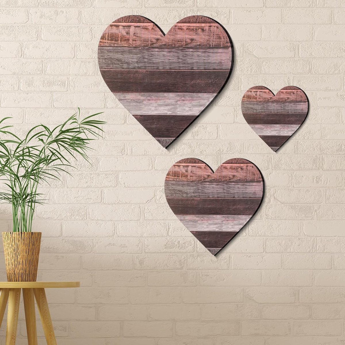 3 stuks hartvormige houten bord buffel geruite decoratie voor keuken slaapkamer badkamer woonkamer houten hart wandbord rustieke hangende plaquette kerstdecoratie, 3 maten (roodbruine houtnerf)
