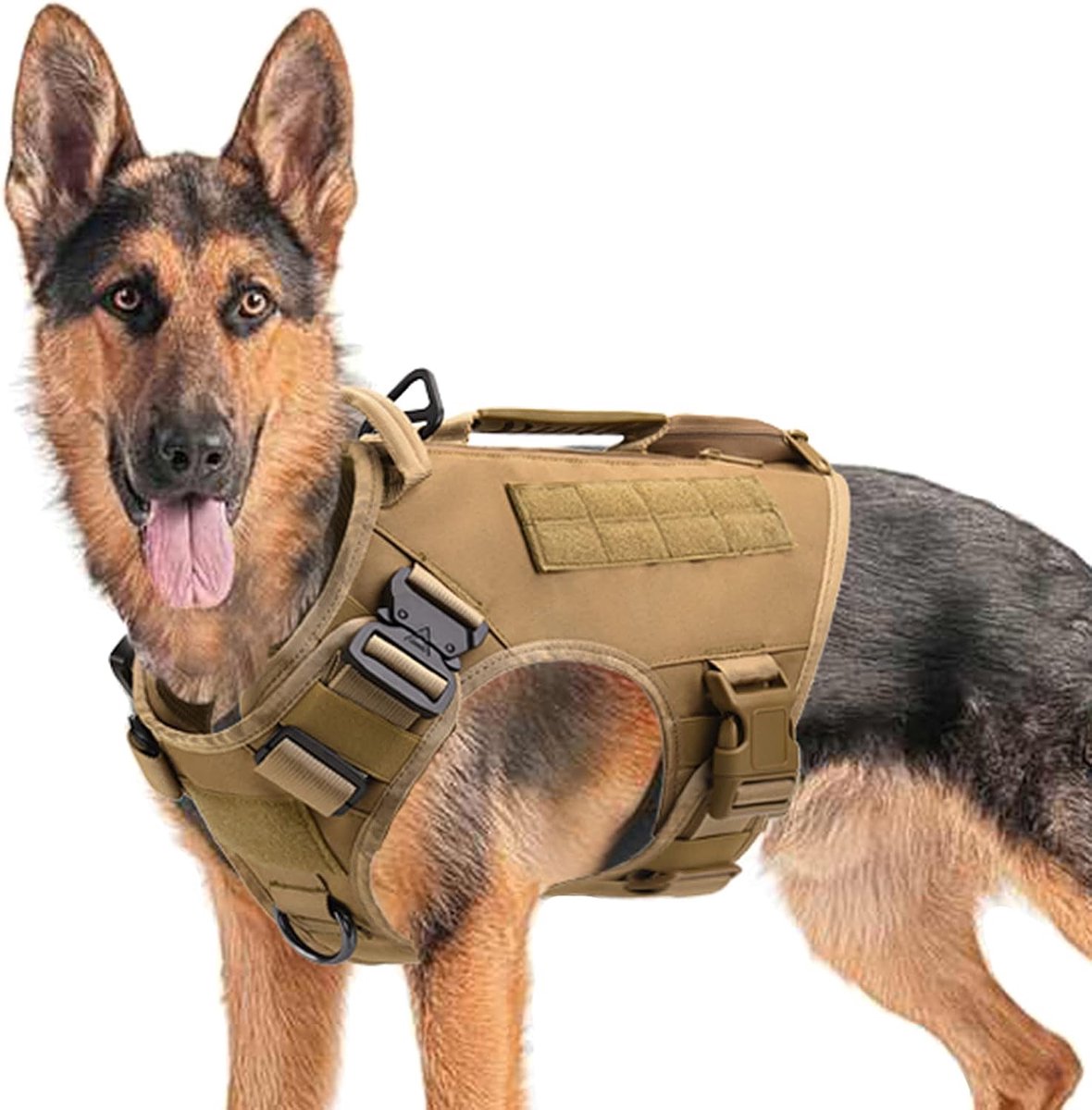 Tactisch hondenharnas voor middelgrote en grote honden, anti-trek, verstelbaar hondenvest voor wandelen, militair hondenharnas met handvat met molle- en luspanelen (Khaki (alleen vest), M)