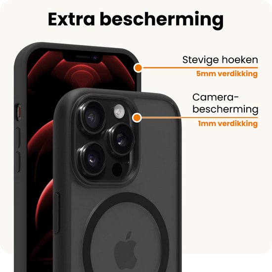 Zwarte iPhone 14 Pro Max hoes met versterkte hoeken en camera-bescherming.