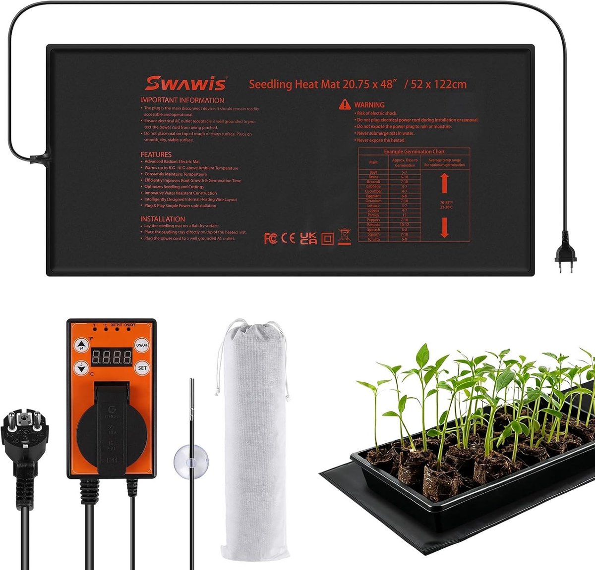 Verwarmingsmat voor Planten 130W, 52.5x122cm met Afzonderlijke Thermostaat 5-42°C, IP67 – 