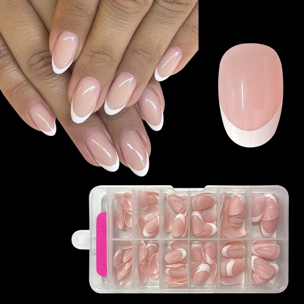 French Press On nagels, kort, amandelvormig, volledige dekking, nageltips, kort, voor gelnagels, vingernagels, nepnagels, acryl nageltips (White Arc Round French, 120 stuks)