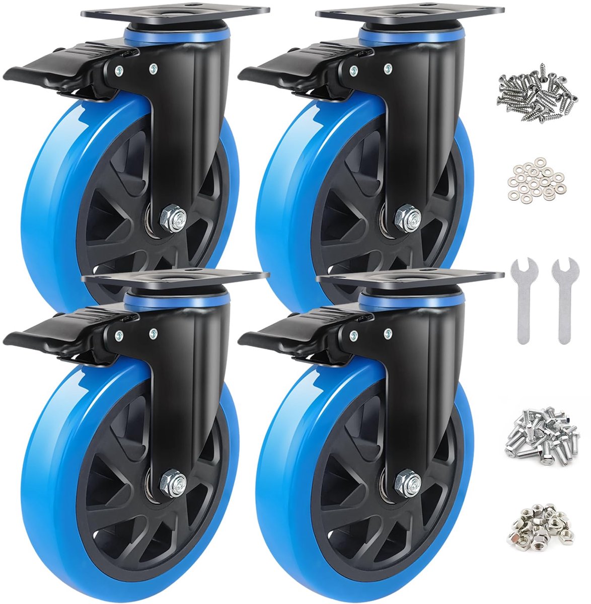 150mm zware wielen blauw 4 stuks set - meubelwielen tot 1000KG, 360° dubbele vergrendeling met rem, incl. schroeven & stofdichte ring - Ideaal voor werkbanken, gereedschapswagens en pallets
