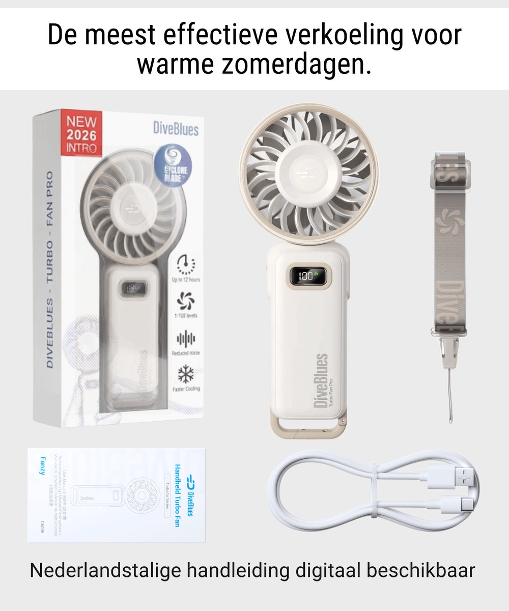 Diveblues® Handventilator Oplaadbaar - Premium Personal Fan - AIR 100 – High Speed Blaaskracht – 100 Snelheden – LED Scherm - Handwaaier – Waaier – Draagbare Ventilator - Koelt écht — afbeelding 8