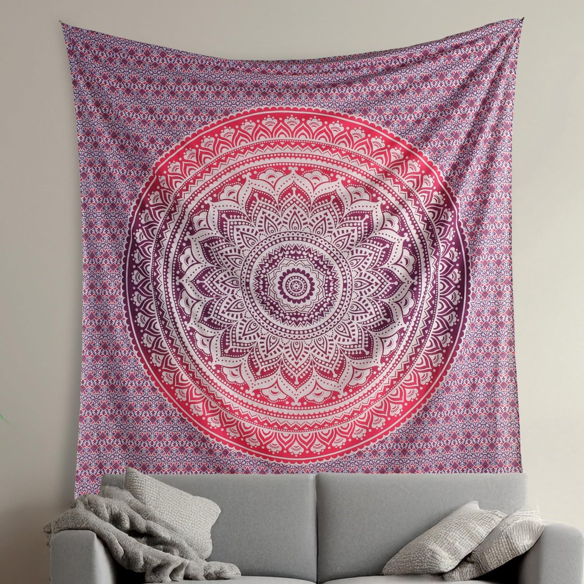 ART BOX Indie Wandtapijt, katoen, mandala, wanddecoratie, tapijt, esthetisch, kamerdecoratie, woonkamer, Indiase doeken, slaapkamerdecoratie, roze en wit, 210 x 230 cm