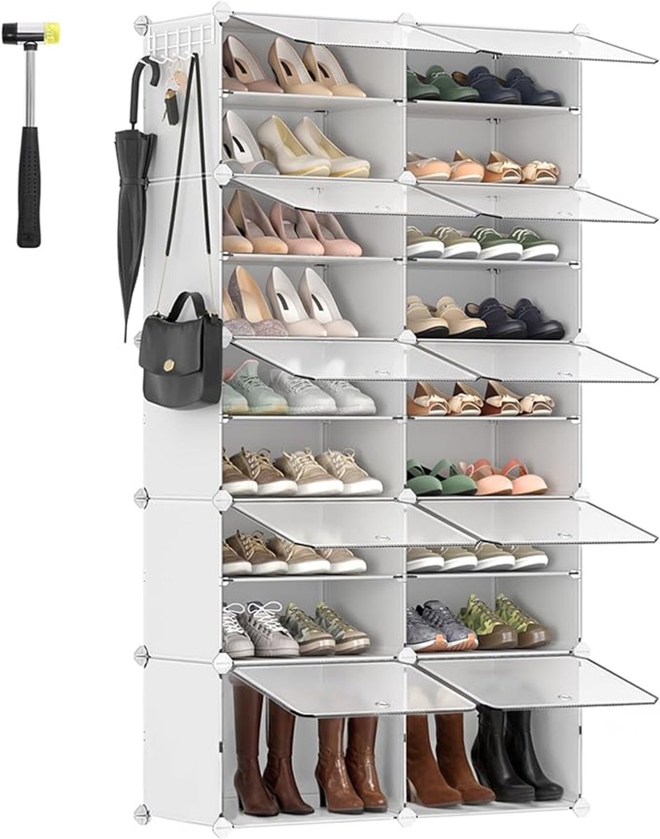 Modulaire Schoenenkast met 10 Vakken - Kunststof Schoenenrek met Deuren en Stalen Frame - Stapelbare Opbergkast voor Hal, Slaapkamer en Garderobe - Wit LPC035W01