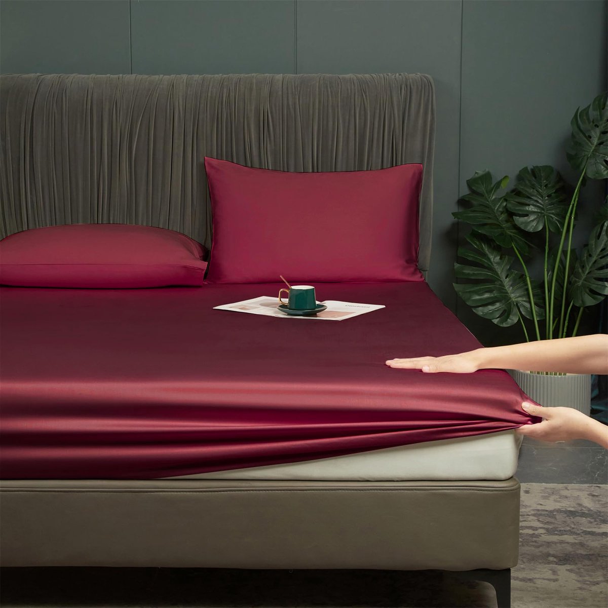 Hoeslaken 90 x 200 cm Rood Wijnrood Hoeslakens Koelend 50% Bamboe en Microvezel Zacht Hoeslaken Set Boxspring Bed Leintje 90 x 200 Spannlaken voor tot 25 cm Matras