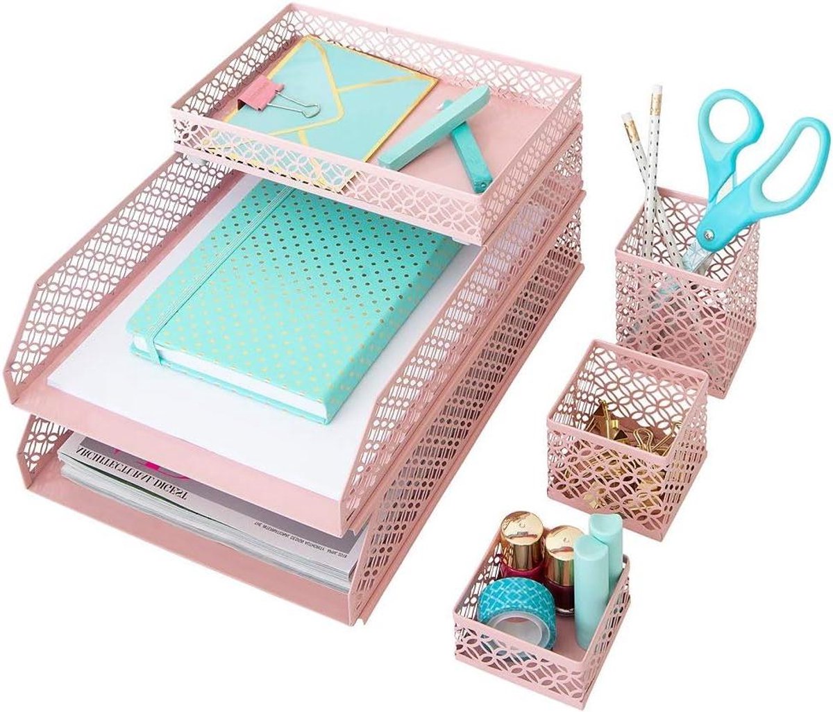 Bureau Organizer Set - Opbergset Kantoor - Werkplek Organiseren - Zes Delig - 34 cm Breed - Roze