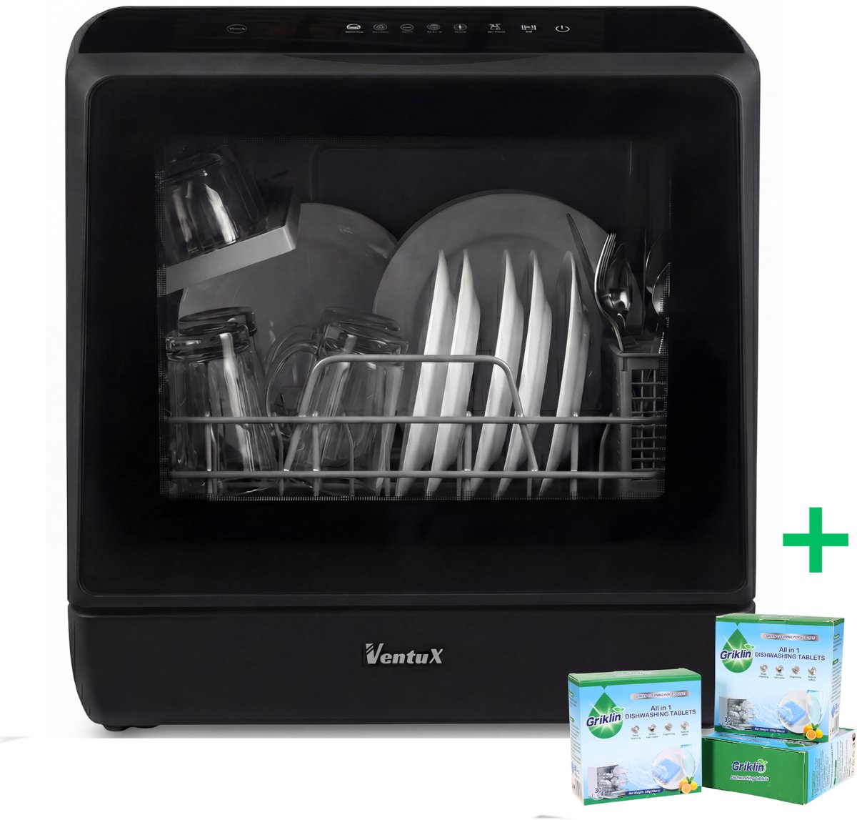 Bol.com Ventux® Mini Vaatwasser Incl. App – Afwasmachine – 5 Programma’s – 900 Watt – 42,5 x 42,8 x 45,8 cm - Zwart aanbieding