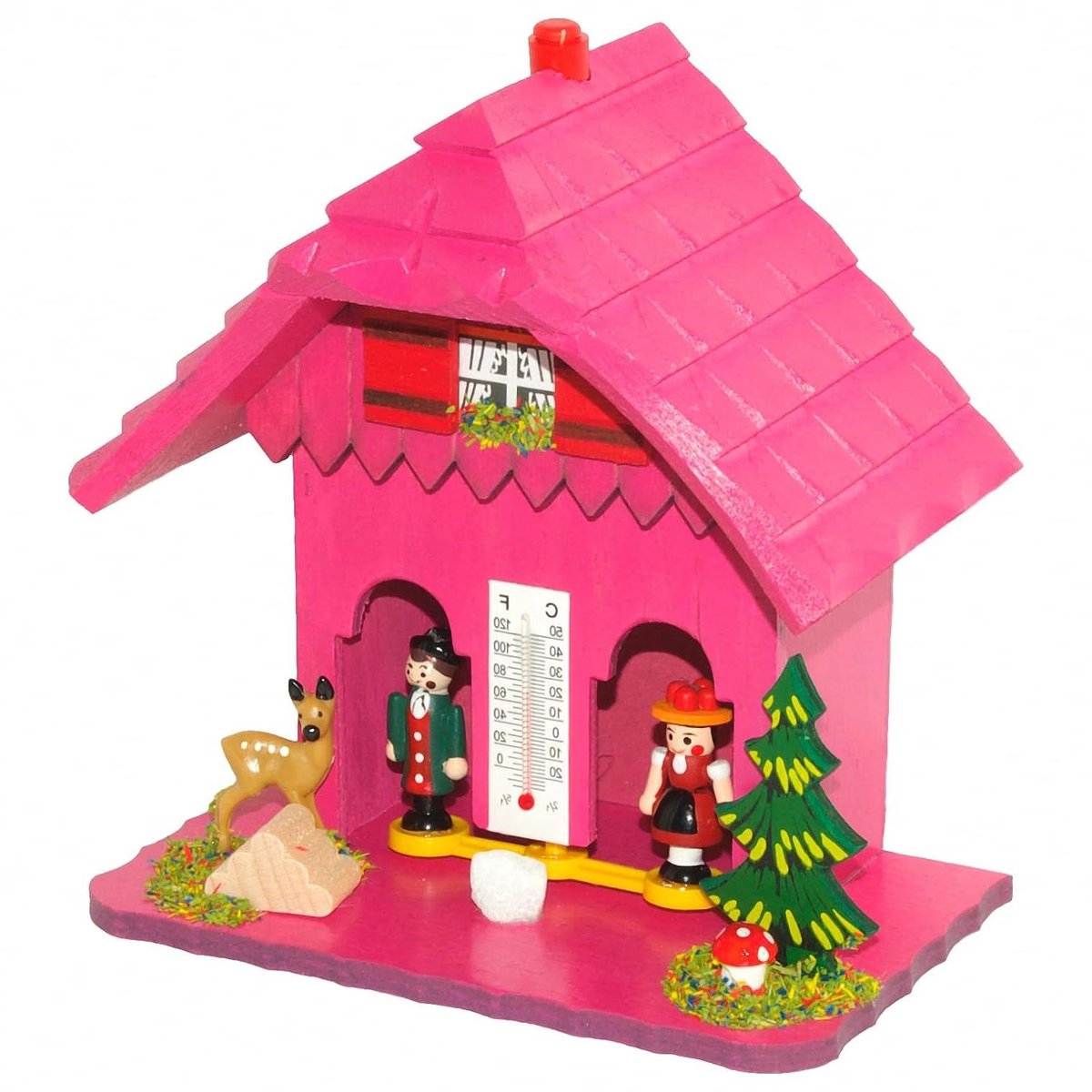 Weerhuisje - Weerhuis - Weersvoorspelling - Houten Figuren - 14 x 16 x 9 cm - Roze