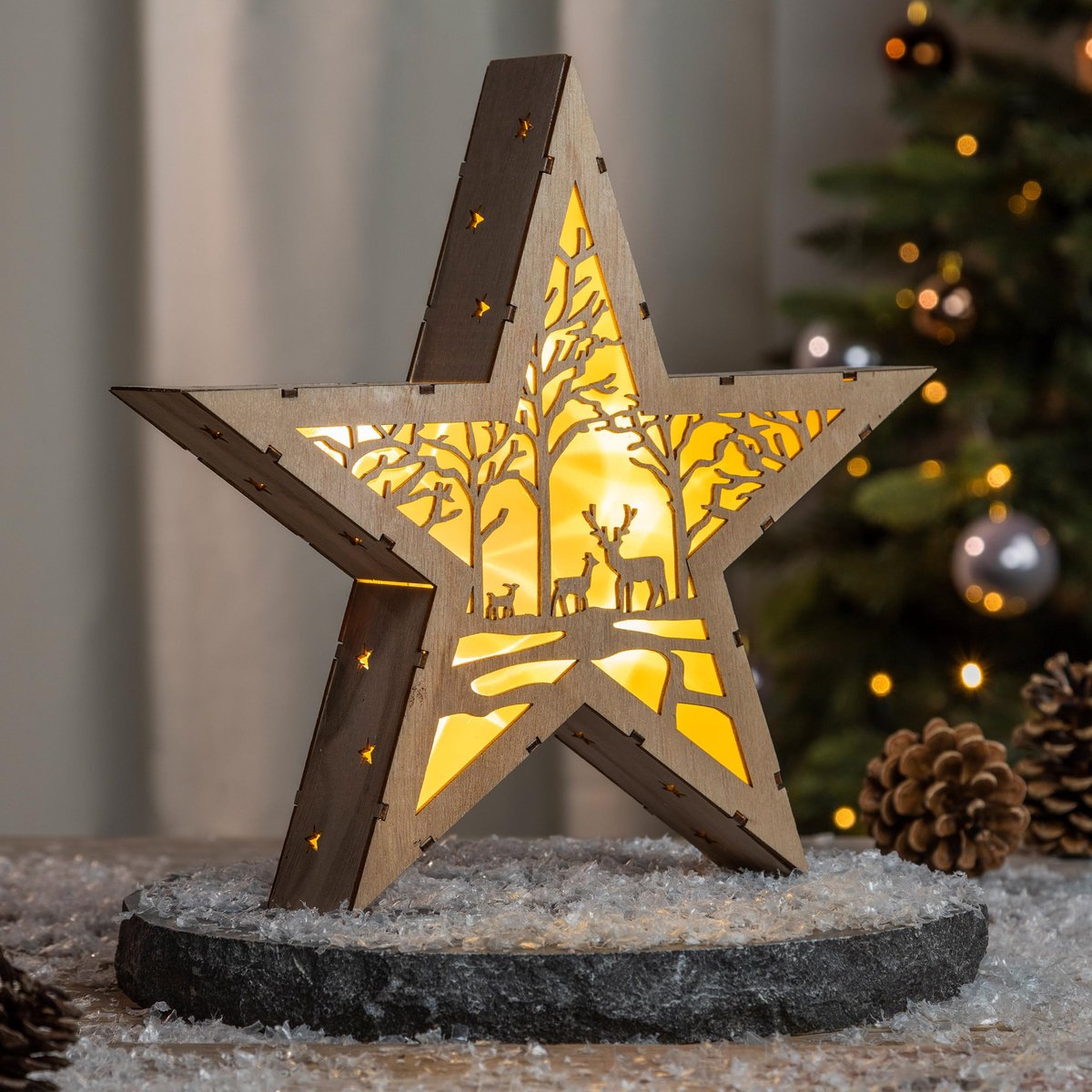 Led-kerstster van hout, 30 cm, motief: bos, decoratieve standaard, warm wit verlicht, Kerstmis, advent, winter, ster, tafeldecoratie, verlichting, werkt op batterijen