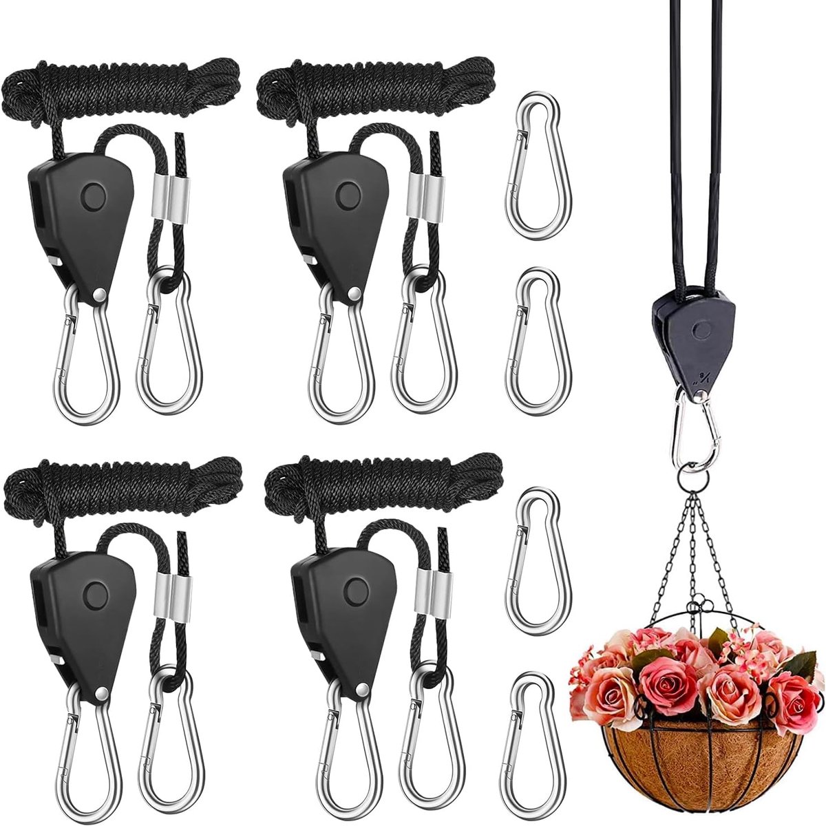 SnelShoppen - 4 Stuks Ratchet Hangers, Verstelbare Kabel Hangers, Ratchet Touw, Robuuste Haak, 2 Meter voor Planten, Ventilator, Lamp, Binnenplanten,