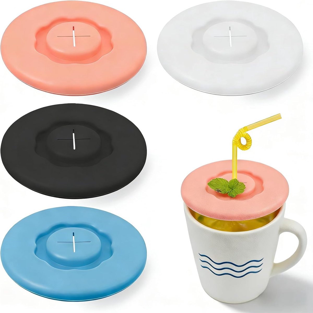 SnelShoppen - 4 Stuks Silicone Deksel, Herbruikbaar Silicone Deksel, Luchtdicht Silicone Deksel voor Bekers, Glazen, Flessen, Dranken (9.5cm/3.74in)
