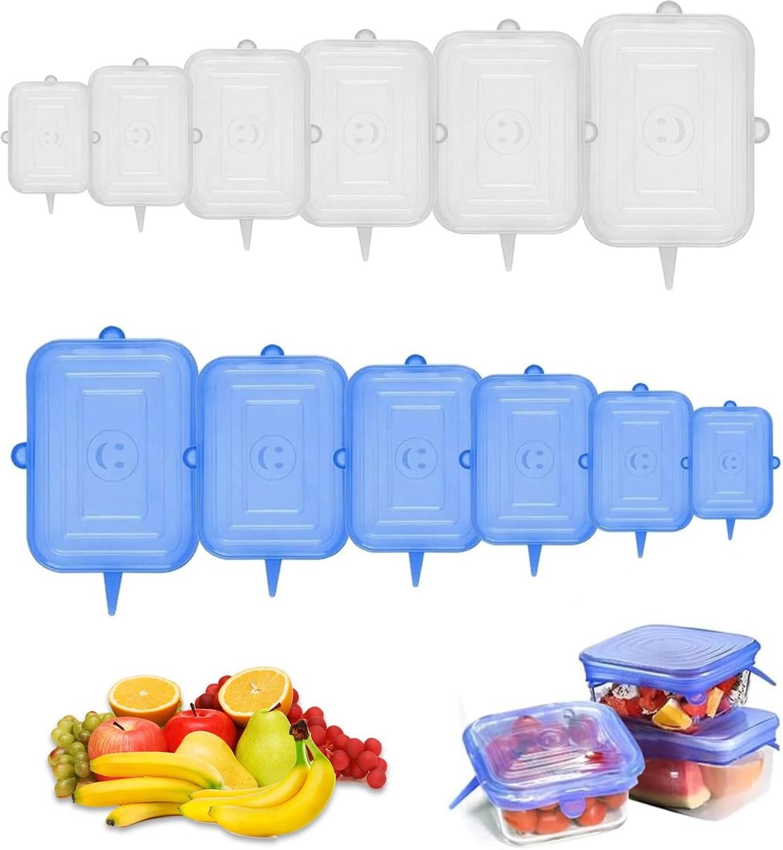 SnelShoppen - Silicone Stretch Lids Herbruikbare Voedsel Deksel Set van 12 in 6 Maten - Silicone Lids voor Kommen, Potten en Schalen - Kleur Blauw en