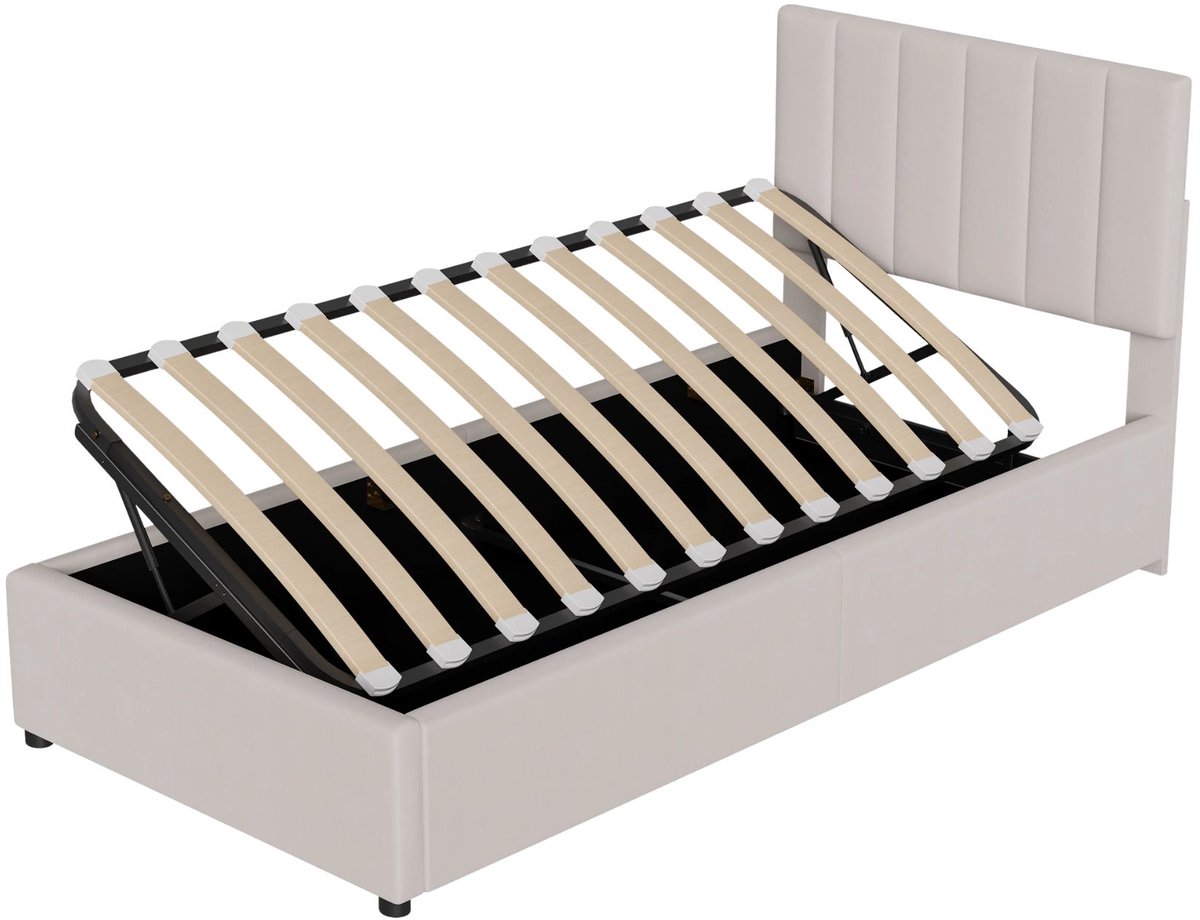 Happiq Kinderbed - 90 x 200 Cm Beige Fluweel - Gestoffeerd Eenpersoonsbed met Hydraulische Opbergruimte, Hoofdeinde met